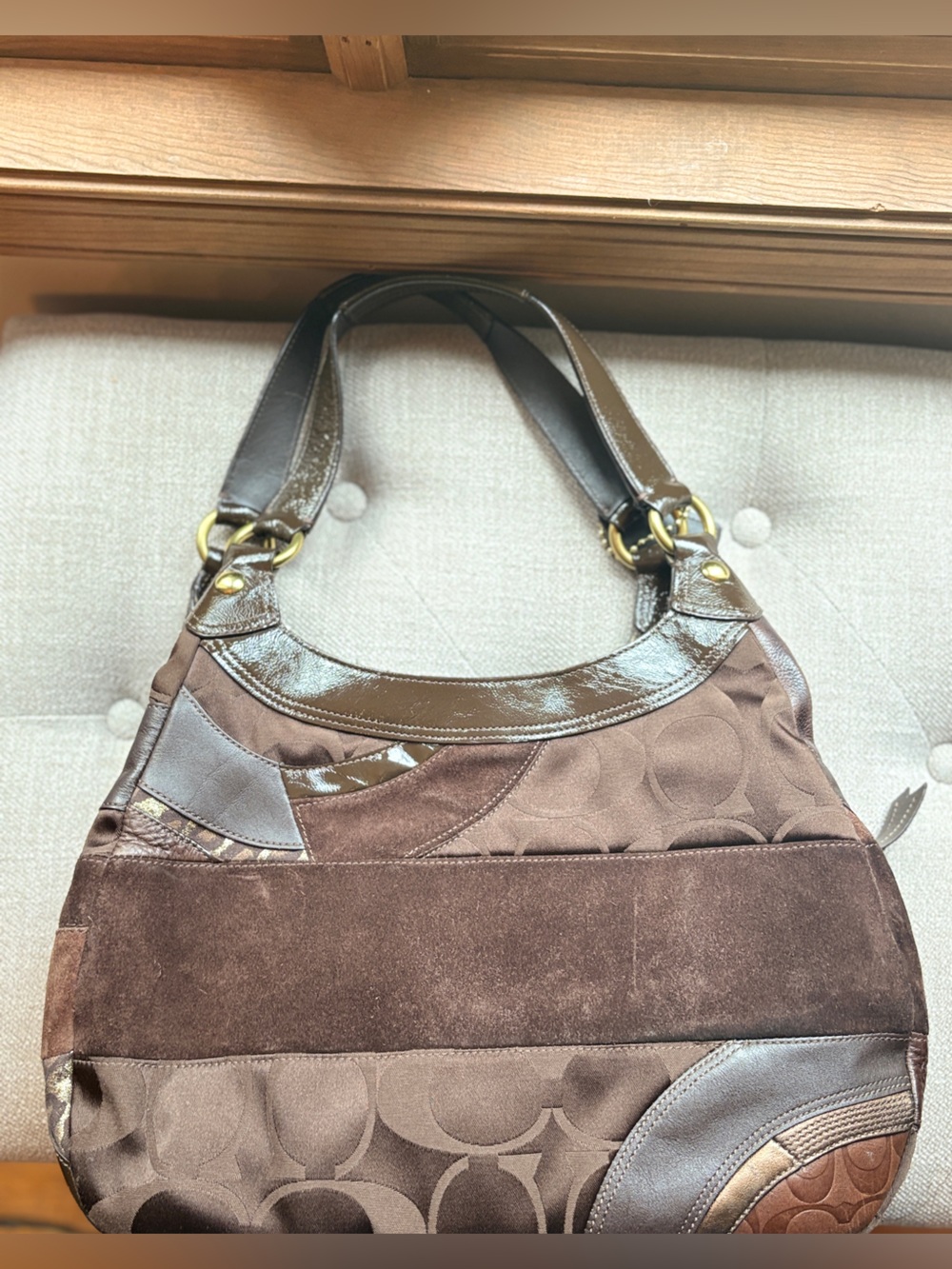 Coach Classic Brown Suede & Patent Leather Shoulder Bag